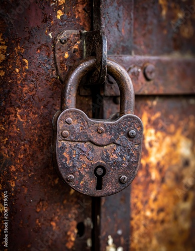 Rusty padlock on a weathered metal door