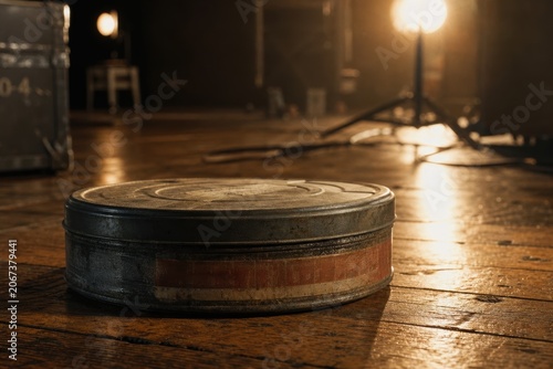 Vintage metal film reel canister sitting on a rustic wooden floor with warm stage lighting in a dark studio background