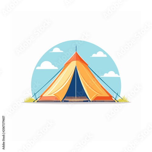 Orange tent illustration with clouds and grass