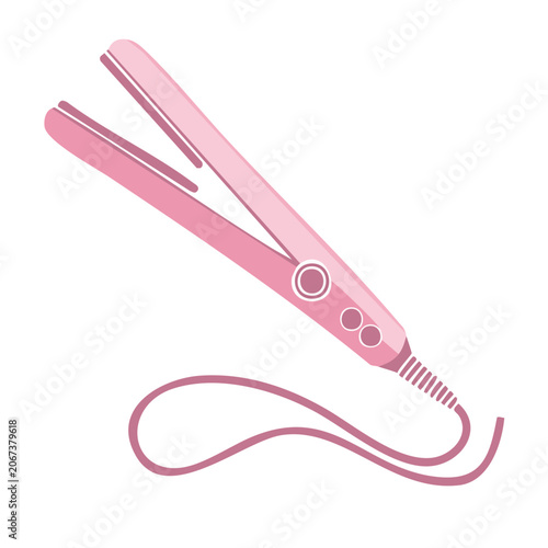Pink hair straightener with cord, flat design illustration