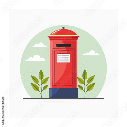 Red mailbox with leaves and clouds in flat design