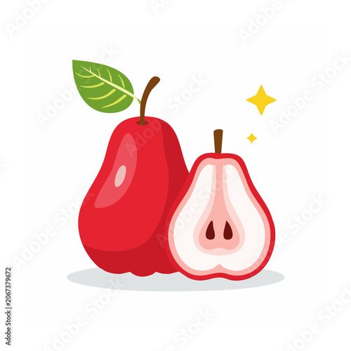 Red pear with a slice and leaf, flat design