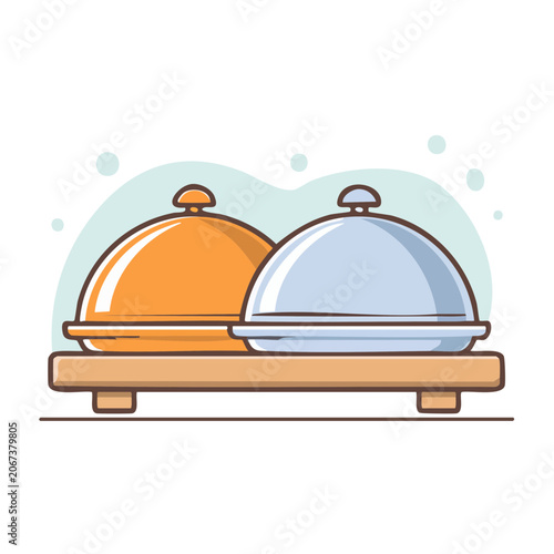 Two serving cloches on a wooden tray, flat design illustration