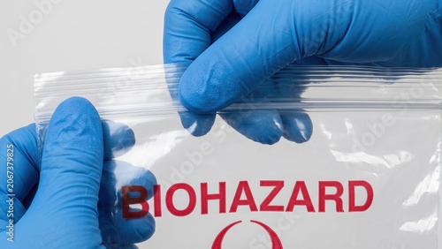 Hands in Gloves Handling Clear Biohazard Bag for Safety and Health Precautions