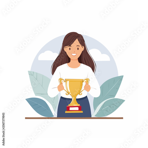 Woman holding a golden trophy with leaves and clouds in background