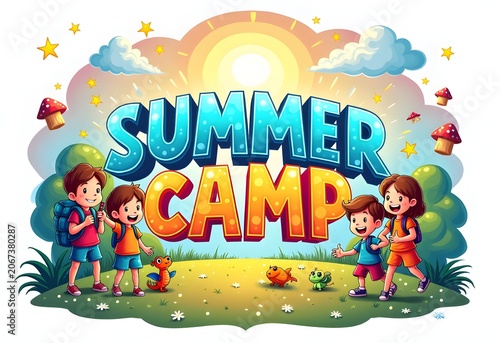 Playful seaside doodle art and text logo for youth summer camp beach workshop or activities