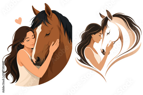 Obraz na plátně Vsai girl hugging horse illustrating love and friendship bond