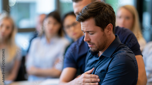 Faceless young man choking with a male instructor performing abdominal thrust maneuver behind him, group of observers watching attentively, defocused training room in background,