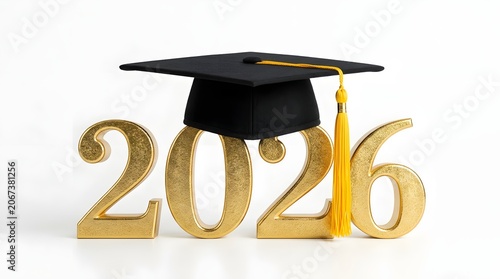 Golden 2026 text with a graduation cap and yellow tassel isolated on white background