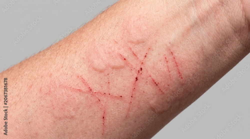 Fototapeta premium Close up of skin prick test reaction showing raised wheals and scratches on forearm