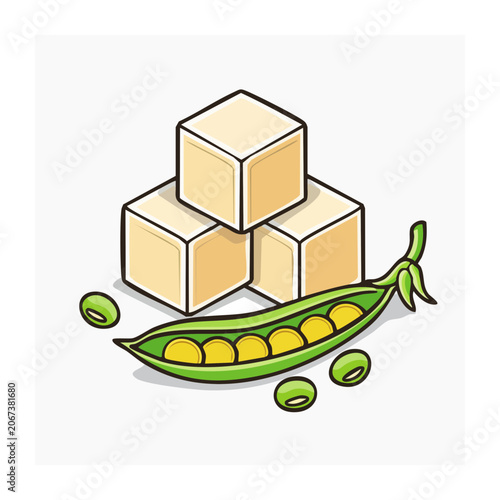 Tofu cubes and fresh peas in a pod