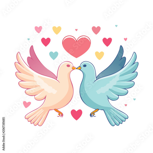 Two doves kissing with hearts