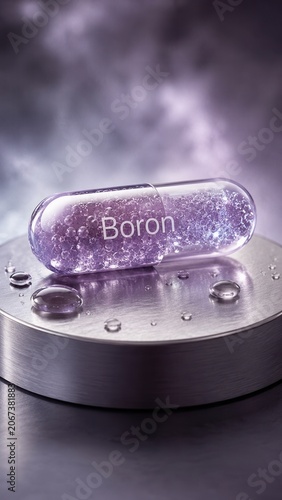 Capsule with boron on a metal surface surrounded by drops of water in soft light focused on the substance inside