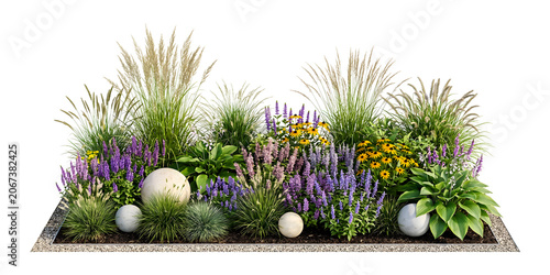 Modern Backyard Flowerbed and Garden Border Arrangement with Ornamental Grasses, Purple Salvia, Yellow Coneflowers, Hostas, and Decorative Stone Spheres Isolated on Transparent Background