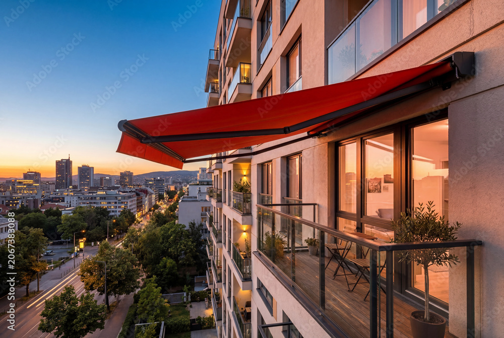 Obraz premium Red retractable awning on modern building balcony at sunset