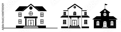 Canvastavla School building icon set with simple solid black silhouette on white background