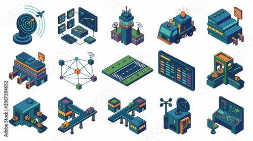 Cuadro en lienzo Collection of isometric icons representing airport operations and control systems