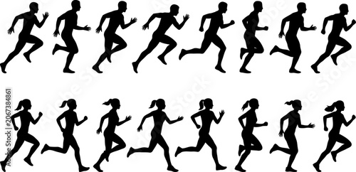 Set of running man and woman silhouettes in different poses