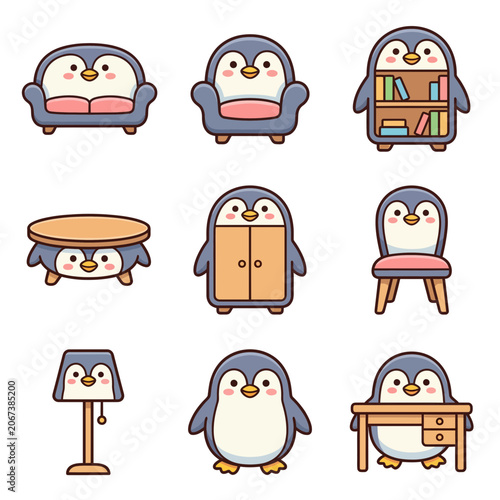 Cute penguin characters with home furniture.