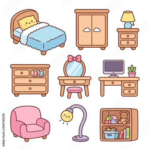 A set of cute cartoon furniture for kids.