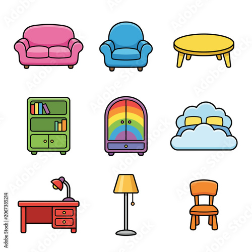 Colorful icons of home furniture and decor.