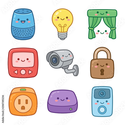 Cute cartoon smart home devices icons.