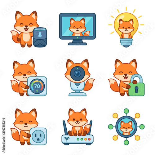 Collection of cartoon fox icons with technology.