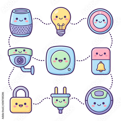 Colorful smart home devices with smiley faces.