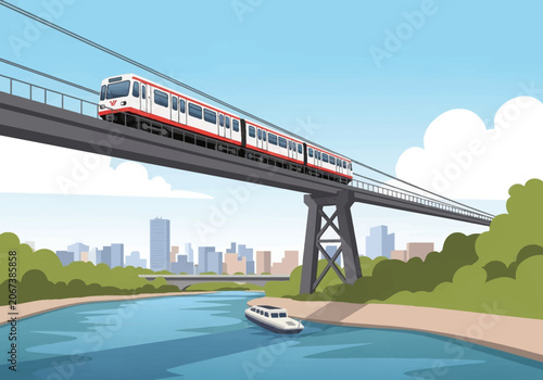 Vector illustration of a red and white suspension railway on an elevated steel bridge over a river with a boat, lush green banks, and distant city skyline against a clear blue sky.