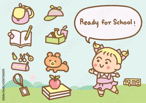 Cute Cartoon Girl and School Supplies Set with Ready for School Text