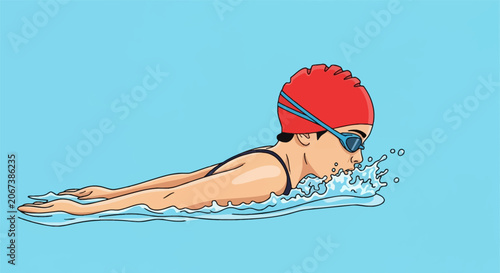 Vector illustration of a young female swimmer wearing a red swim cap and blue goggles, performing a stroke in water with splashes, side profile view on a light blue background.