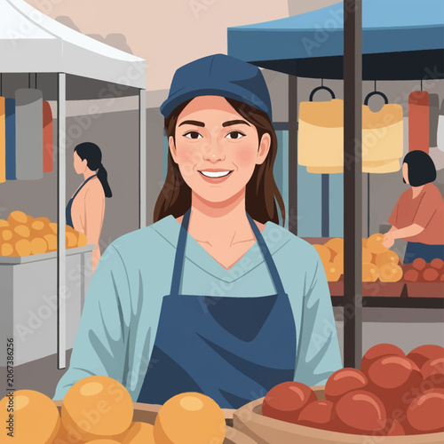 Smiling young woman shopkeeper wearing a blue baseball cap and apron at an outdoor farmers market stall with baskets of fresh citrus fruits and red tomatoes in vector style.