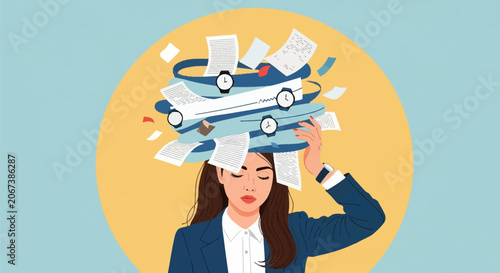 Vector illustration of a stressed businesswoman with eyes closed and hand on forehead, depicting professional burnout and work overload through swirling papers and clocks on yellow circle.
