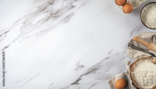 Overhead view of baking ingredients and tools on a white marble kitchen counter, ready for pastry preparation.