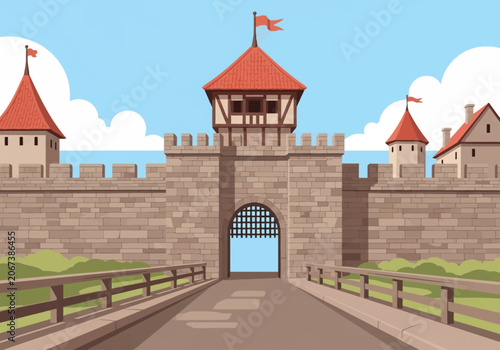 Vector illustration of the medieval South Gate (Südtor) and city wall of Zons, Germany. Features a central stone gatehouse with a portcullis, fortified towers, and a bridge.