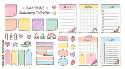 Bild auf Leinwand Cute pastel stationery doodle element set vector hand drawn illustration of school or office memo pads to do lists sticky notes and planner stickers