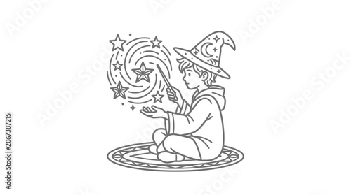 Wizard boy casting magic spell.