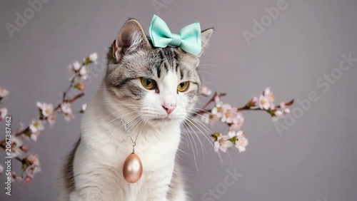 Cat with spring blossoms and decorative bow