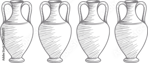 Tableau sur toile 一列に並んだ4つの手描きの古代ギリシャのアンフォラ