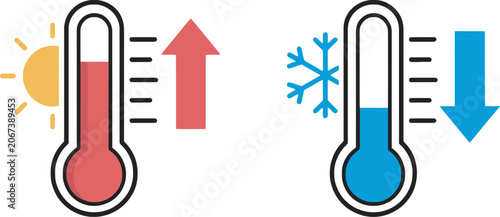 Fotografija Thermometer temperature icon collection with high and low temperature symbols, heat and cold indicators, and up and down measurement graphics for weather and medical designs