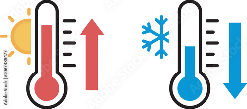 Εκτύπωση καμβά Thermometer temperature up and down icon set featuring hot and cold indicators, rising and falling temperature symbols for weather, climate, healthcare and monitoring applications