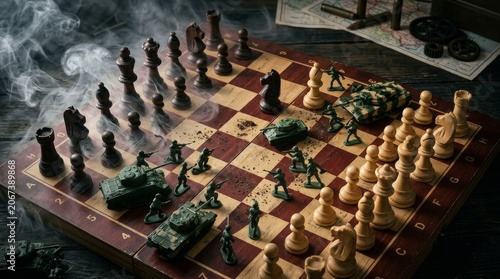 War concept. Silhouettes of soldiers on chessboard. War Concept. Military silhouettes fighting scene on war fog sky background, Chess board game concept of business ideas and competition and strategy