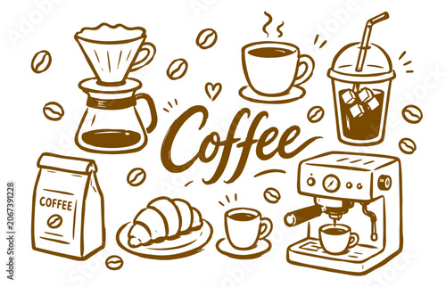 Minimalist coffee set  Set naive Doodle Outline Icon Vector Illustration
