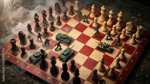 War concept. Silhouettes of soldiers on chessboard. War Concept. Military silhouettes fighting scene on war fog sky background, Chess board game concept of business ideas and competition and strategy