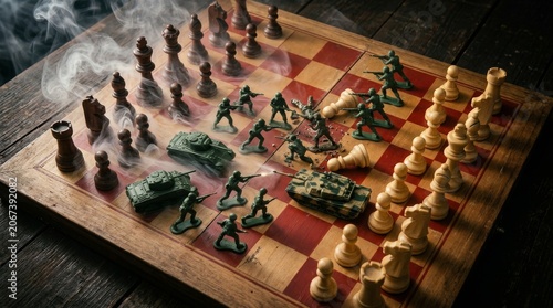 War concept. Silhouettes of soldiers on chessboard. War Concept. Military silhouettes fighting scene on war fog sky background, Chess board game concept of business ideas and competition and strategy