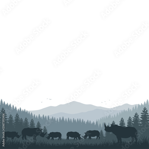Photography Rhinoceros Silhouette in Misty Wild Forest Mountain Landscape Illustration Isola
