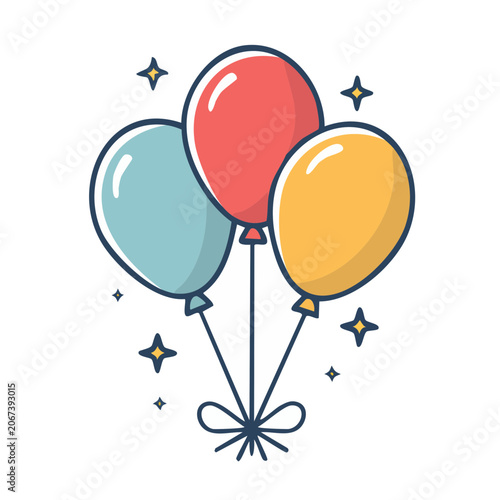 Three colorful balloons tied with a bow and sparkles