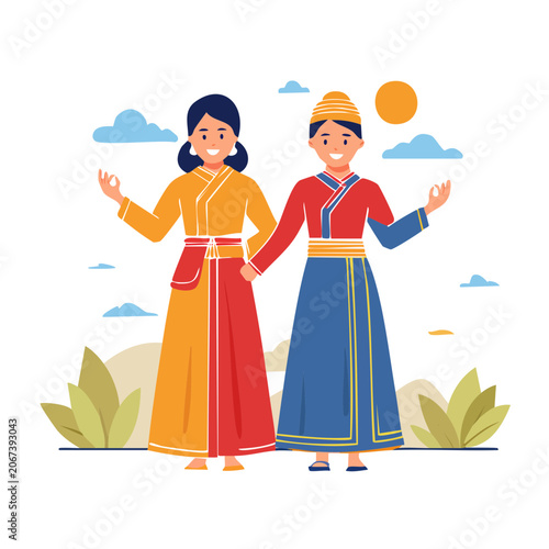 Two women in traditional clothing with peaceful gestures