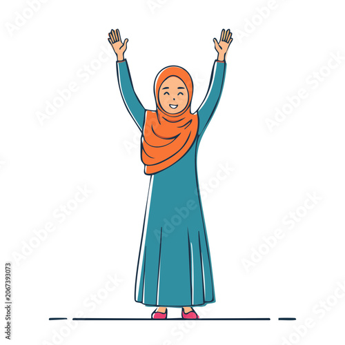 Woman in hijab celebrating with arms raised