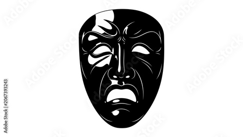 Konstfotografi Tragedy Mask Illustration: A stark black and white illustration of a classical tragedy mask, conveying intense sorrow and dramatic emotion